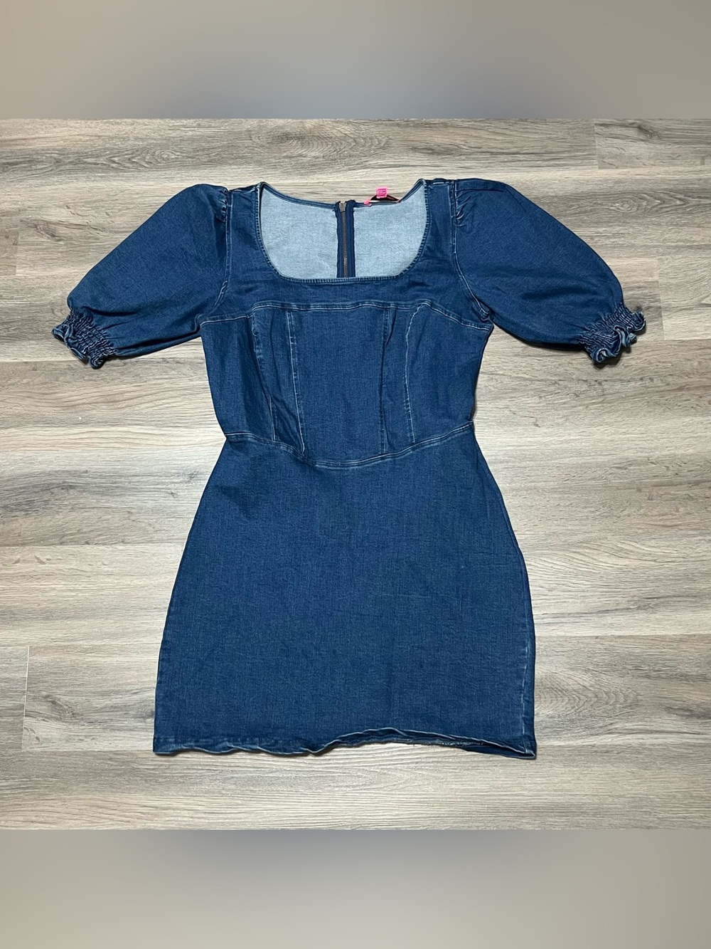Betsey Johnson Women's 12 Denim Mini Dress Square Neck Puff Sleeve Fitted Retro